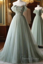 A-Line Green Tulle Long Prom Dresses, Green Formal Evening Dresses